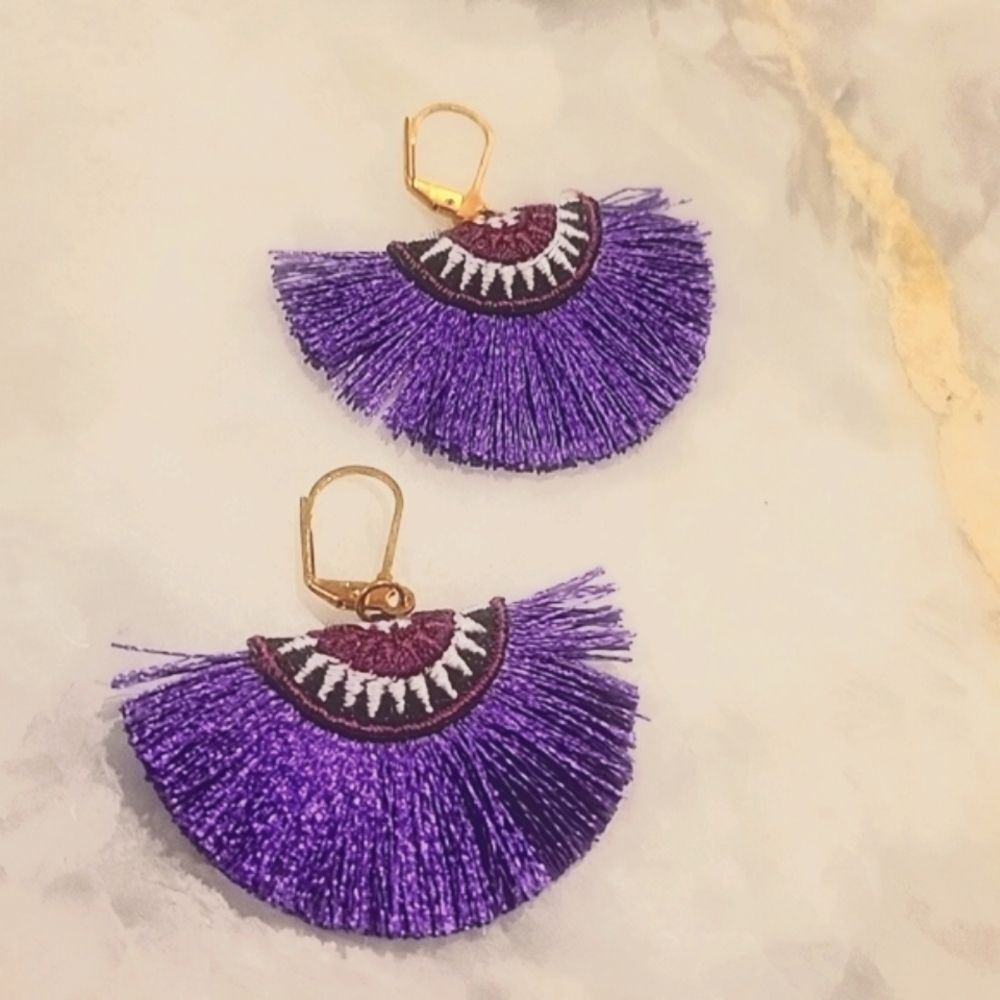 NWT Shashi Sophie Purple Earrings Fringe Woven Boho Embroidered Fan Tassel Gold